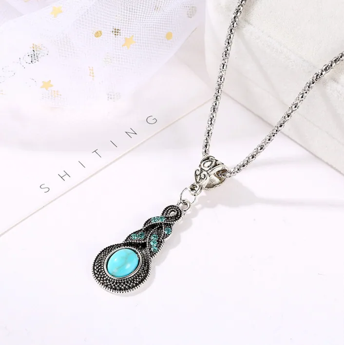 Vintage Bohemian Oval Turquoise Water Drop Crystal Jewelry Set Antique Silver Necklace Drop Earrings Women MOQ 6 Sets view 3