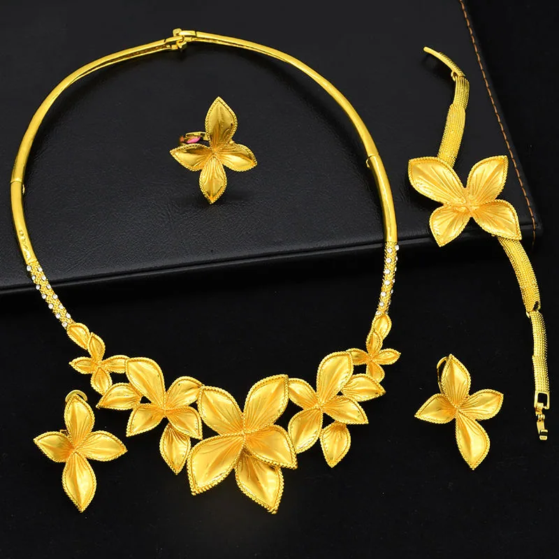 Luxury Gold Plated Flower Shape Wedding Jewelry Sets Gold Bridal Ring Earrings Bracelet Necklaces for Women Set view 2