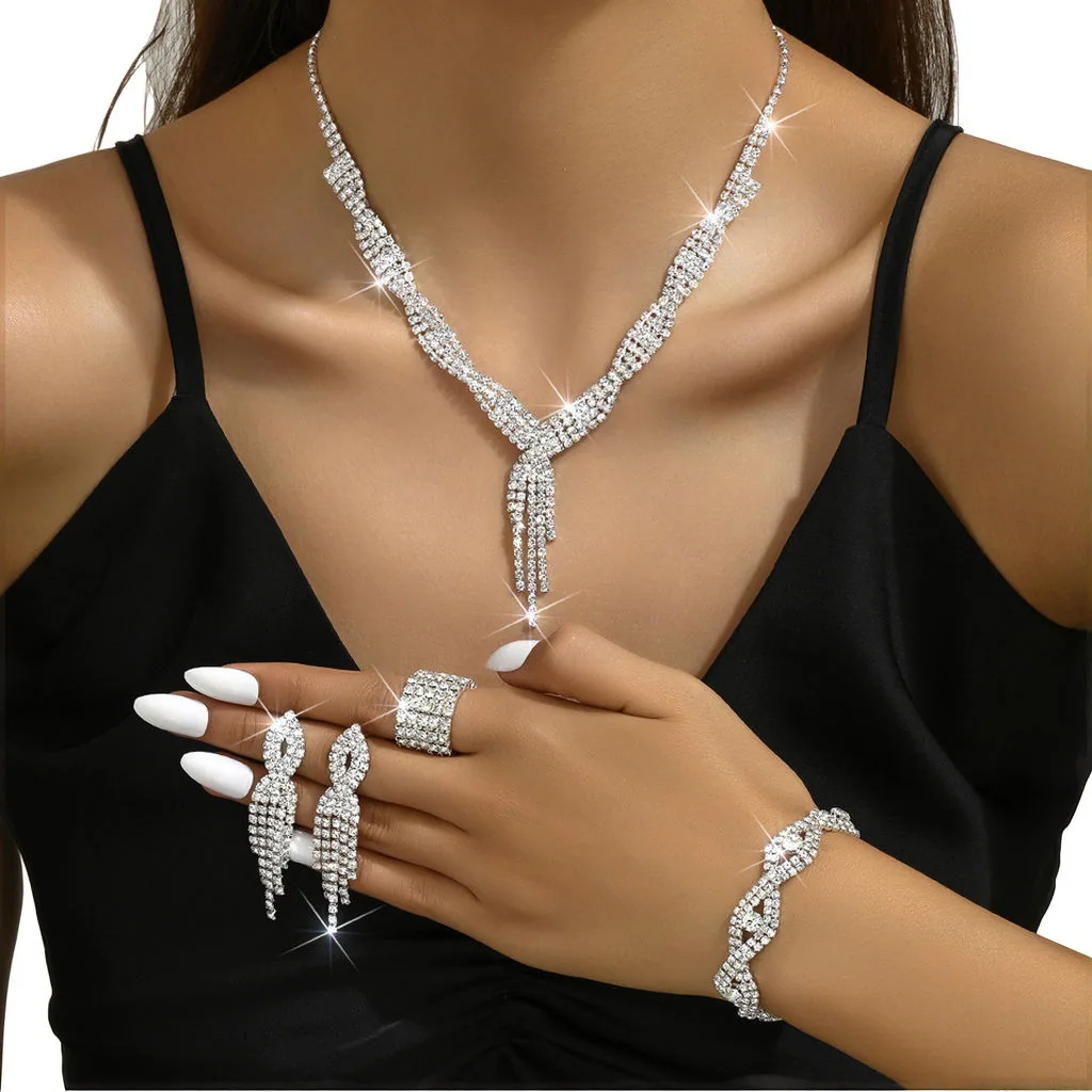 Custom Luxury Tassel Elegant Diamond Pendant Necklace Set Copper Alloy Chain Jewelry with Earrings for Women Gift view 3