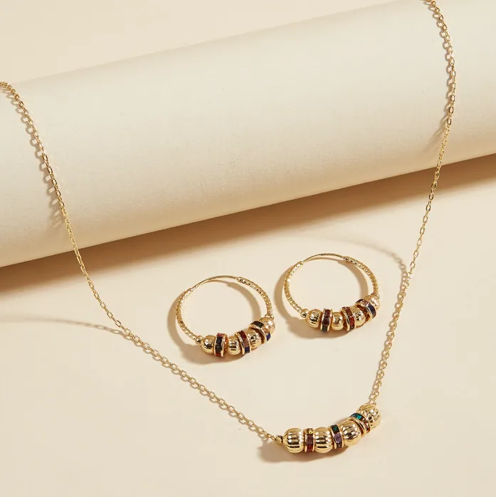 Wholesale European Gold Plated Colorful Crystal Copper Bead Jewelry Set Thin Chain Necklace Hoop Earrings Women MOQ 6 Sets Bulk Supply