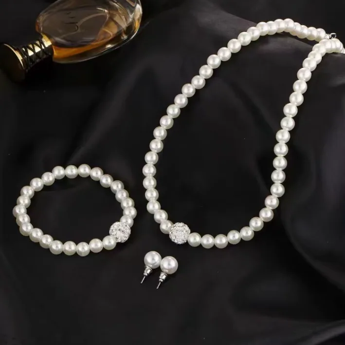 Wholesale Faux Pearl 3PCS Jewelry Set Crystal Ball Pendant Necklace Earrings Bracelet Women Daily Accessories 6PCS Minimum Order view 3