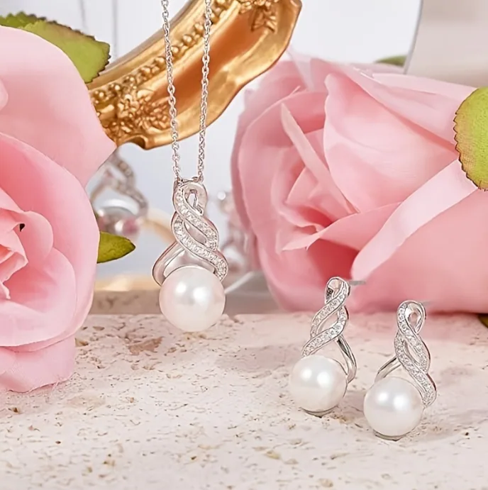Twist Line Rhinestone Faux Pearl Jewelry Set Pendant Necklace Stud Earrings Elegant Women Daily Accessories view 2