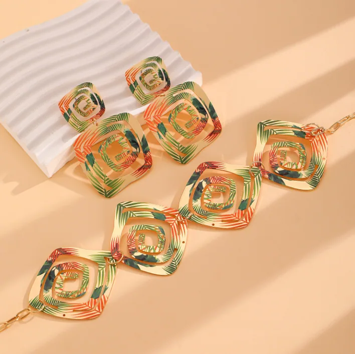 Vintage Ethnic Geometric Spiral Print Jewelry Set Square Pendant Necklace Drop Earrings Women MOQ 6 Sets view 2