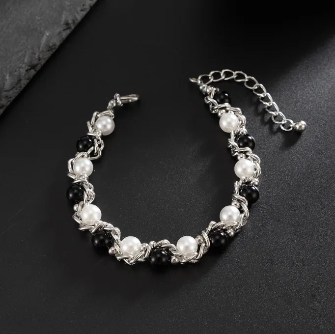 Wholesale Hip Hop Wrap Two Tone Faux Pearl Men Necklace Geometric Choker MOQ 6 Sets Bulk Supply view 2