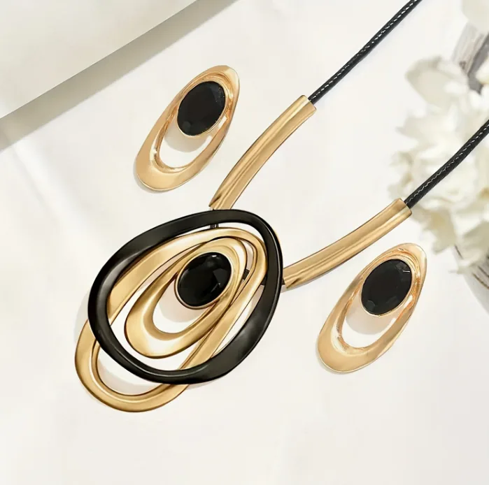 Luxury Vintage Multi Layer Oval Black Stone Matching Jewelry Set Wholesale Alloy Thin Cord Choker Necklace Dangle Earrings Gold Silver Tone Daily Work Party Women Outfit Accessories Bulk Order MOQ 6 Sets
