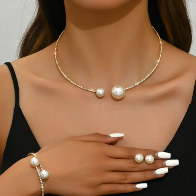 U Shape Rhinestone Choker Pearl Jewelry Set Open Cuff Bangle Stud Earrings Women Daily Accessories view 3