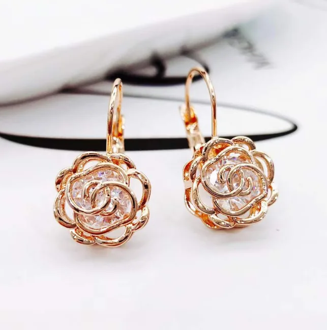 Hollow Rose Flower Cubic Zirconia Leverback Earrings Women Jewelry Set MOQ 6 Sets view 3