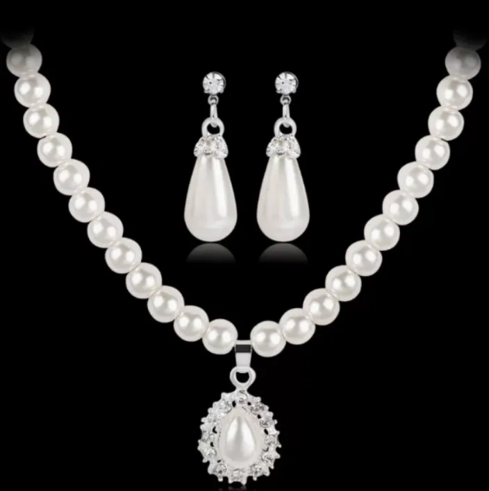 Vintage Water Drop Imitation Pearl Jewelry Set Silver Plated Rhinestone Pendant Pearl Chain Necklace Dangle Earrings Elegant Wedding Bridal Formal Party Jewelry Gift for Women view 3