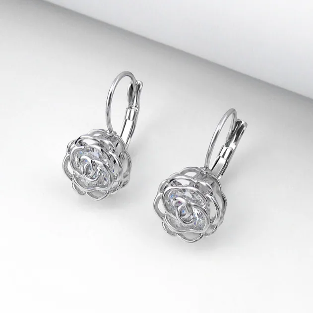 Hollow Rose Flower Cubic Zirconia Leverback Earrings Women Jewelry Set MOQ 6 Sets