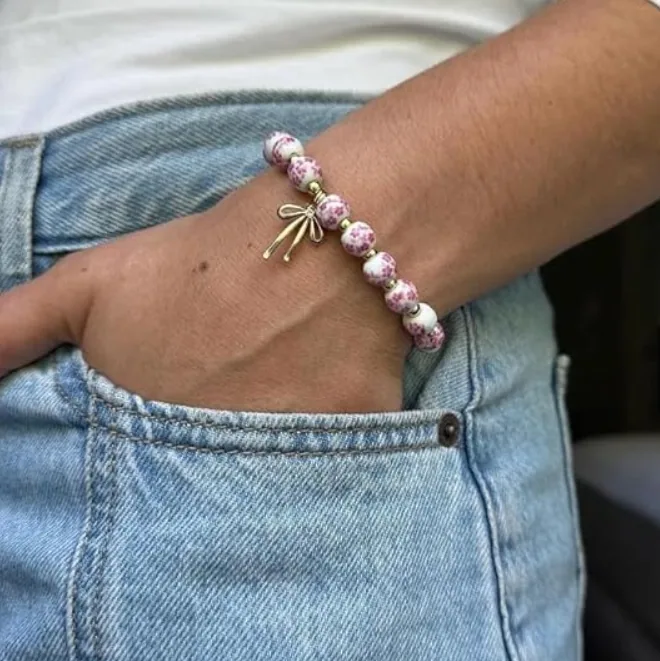 Handmade Stretch Ceramic Bead Bracelet Bow Gold Charm Necklace Set Chinese Vintage Pink Floral Porcelain Jewelry Friendship Gift For Best Friends Women Daily Wear Accessories view 3