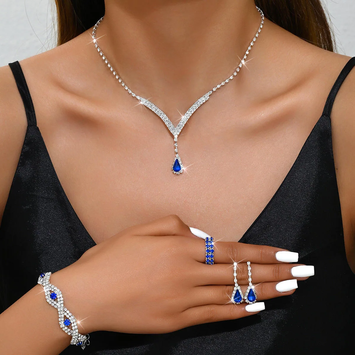 Joias De Luxo Luxury Diamond Rhinestone Y Shaped Pendant Necklaces Designer Wedding Drop Earrings Rings Jewelry for Women Sets view 2