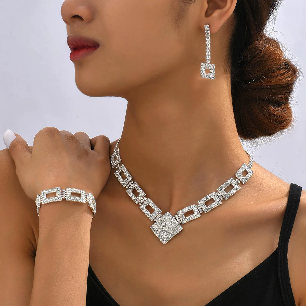 Custom Luxury Exquisite Shiny Geometric Square Diamond-encrusted Copper Jewelry Sets Bracelet Earrings Necklace for Women Set