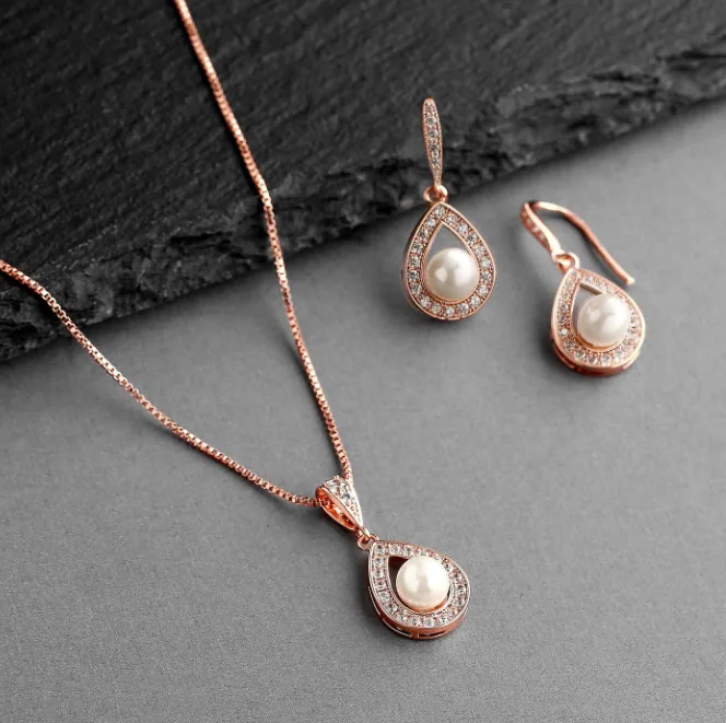 Wholesale Vintage Teardrop Rhinestone Faux Pearl Jewelry Set Necklace Drop Earrings Women MOQ 12 Sets Bulk Supply view 2