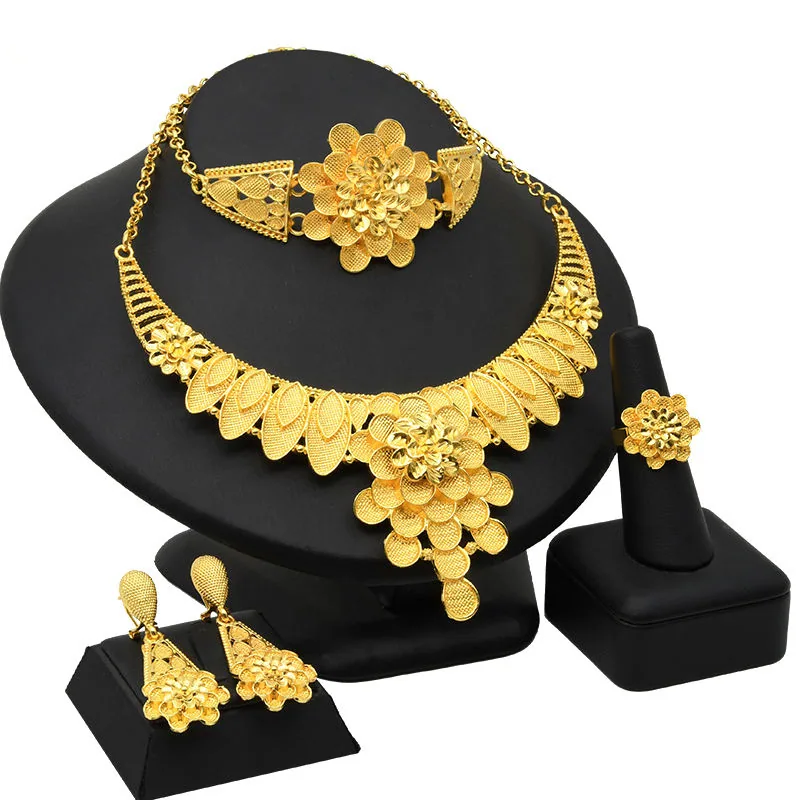 Luxury Gold Plated Alloy Jewelry Color Flower Set Women Necklace Earrings Ring Bracelet Exquisite African Middle Eastern Bridal view 2