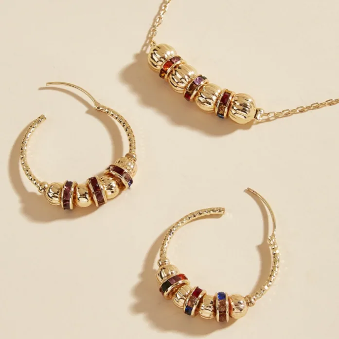 Wholesale European Gold Plated Colorful Crystal Copper Bead Jewelry Set Thin Chain Necklace Hoop Earrings Women MOQ 6 Sets Bulk Supply view 2