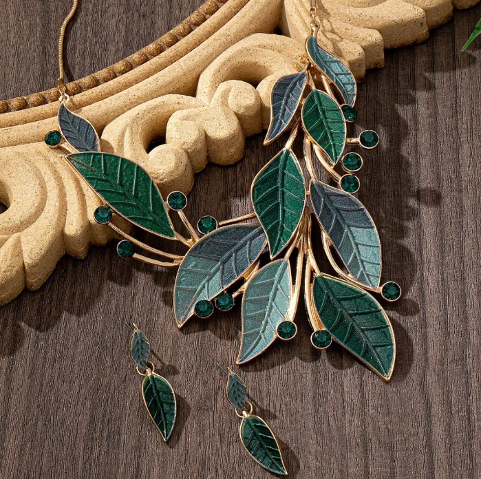 Electroplated Zinc Alloy Vintage Forest Multi Green Leaf Enamel Inlaid Crystal 2PCS Jewelry Set Gold Tone Vines Branch Statement Pendant Necklace Matching Drop Earrings Minimalist Nature Daily Party Women Jewelry Gift MOQ 6 Sets Temu Cross-border