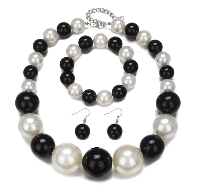 Wholesale Boho Chunky Two Tone Faux Pearl 3PCS Jewelry Set Necklace Bracelet Earrings Women MOQ 6 Sets Bulk Supply