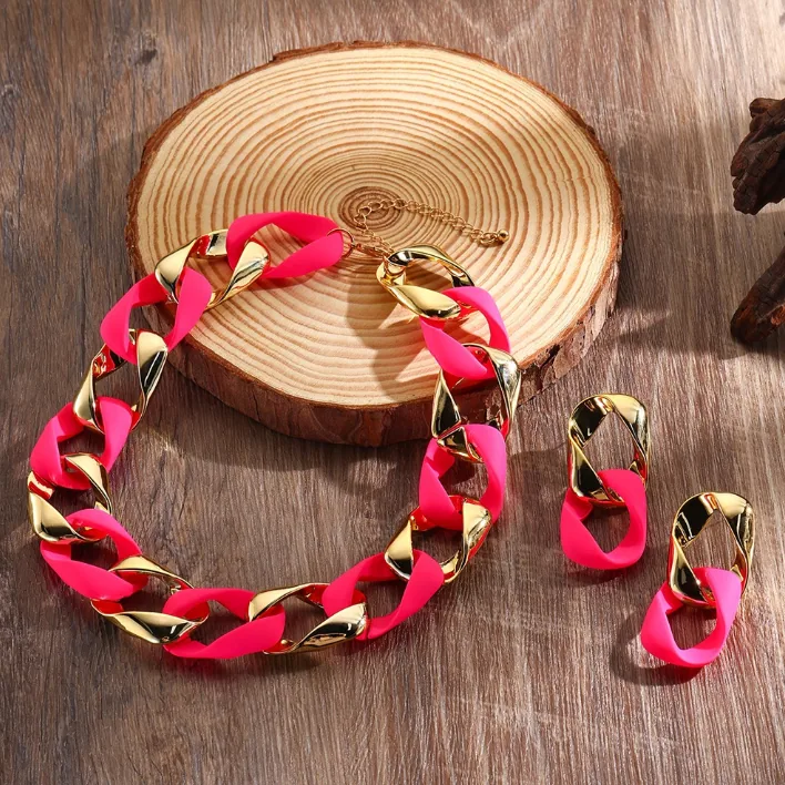Wholesale Fluorescent CCB Resin Twist Link Jewelry Set Chunky Chain Necklace Drop Earrings Women MOQ 6 Sets Bulk Supply