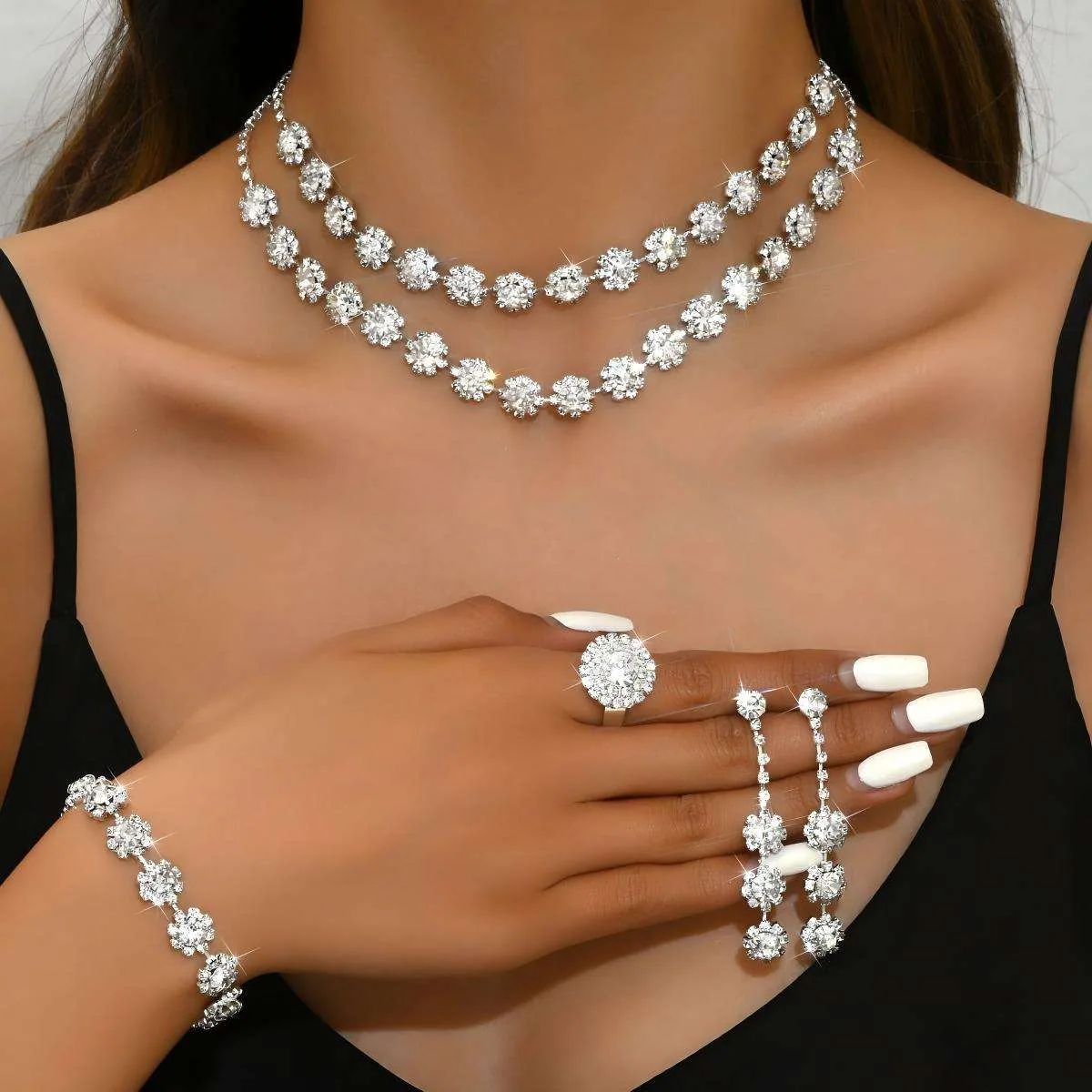 Custom Wholesale Jewelry Sets Silver Plated Flower Drops Diamond Copper Luxury Bracelet Ring Earrings Necklace for Women Set