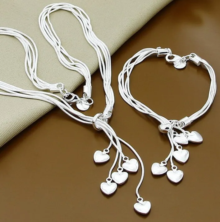 Silver Plated Multi Layer Heart Charm Snake Chain Necklace Bracelet Earrings Women MOQ 6 Sets view 3