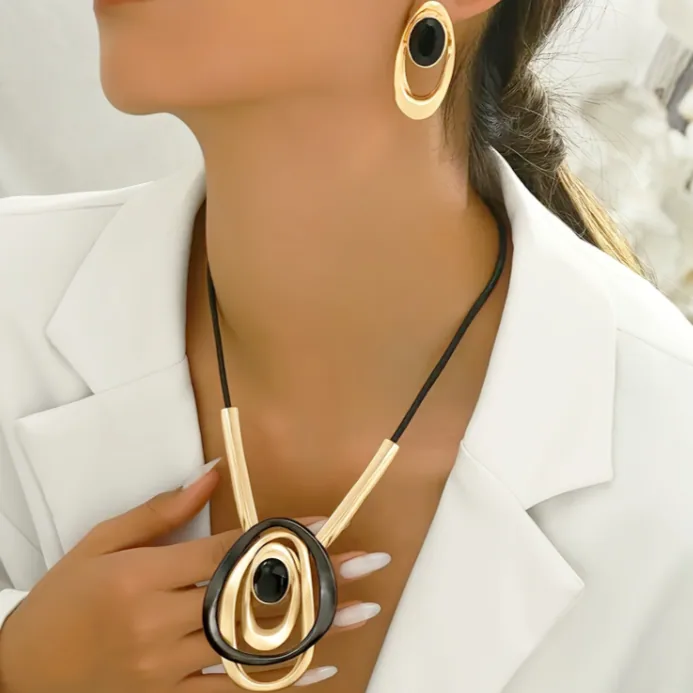 Luxury Vintage Multi Layer Oval Black Stone Matching Jewelry Set Wholesale Alloy Thin Cord Choker Necklace Dangle Earrings Gold Silver Tone Daily Work Party Women Outfit Accessories Bulk Order MOQ 6 Sets view 3