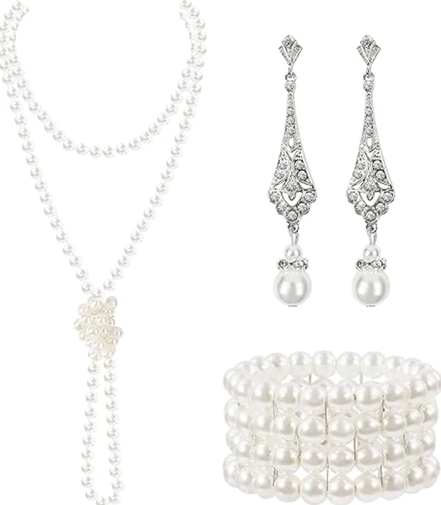 1920s Vintage Imitation Pearl Jewelry Set Long Necklace Bracelet Drop Earrings Gatsby Party Accessories
