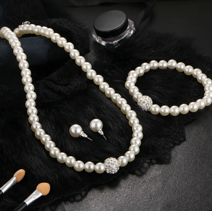 Wholesale Faux Pearl 3PCS Jewelry Set Crystal Ball Pendant Necklace Earrings Bracelet Women Daily Accessories 6PCS Minimum Order view 2