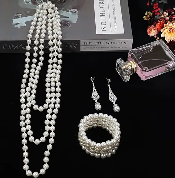 1920s Vintage Imitation Pearl Jewelry Set Long Necklace Bracelet Drop Earrings Gatsby Party Accessories view 2