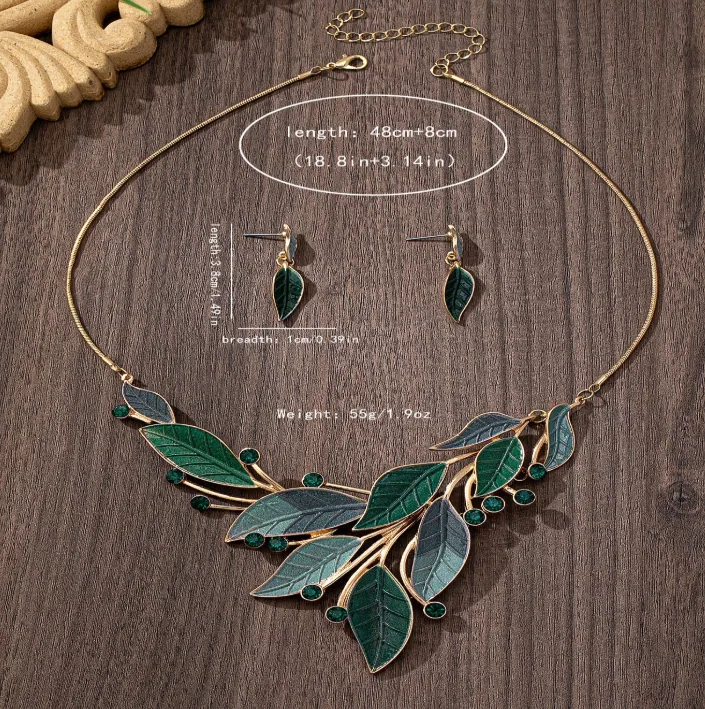 Electroplated Zinc Alloy Vintage Forest Multi Green Leaf Enamel Inlaid Crystal 2PCS Jewelry Set Gold Tone Vines Branch Statement Pendant Necklace Matching Drop Earrings Minimalist Nature Daily Party Women Jewelry Gift MOQ 6 Sets Temu Cross-border view 3