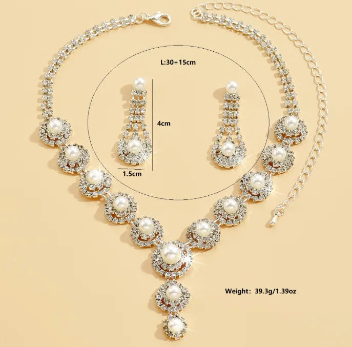Wholesale V Shape Micro Pave Crystal Faux Pearl Bridal Jewelry Set Necklace Drop Earrings Bulk Supply Multi MOQ view 3