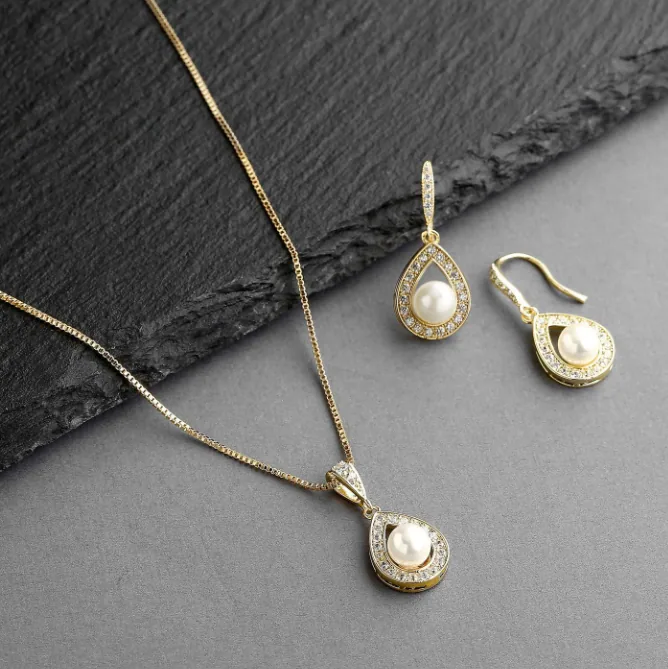 Wholesale Vintage Teardrop Rhinestone Faux Pearl Jewelry Set Necklace Drop Earrings Women MOQ 12 Sets Bulk Supply