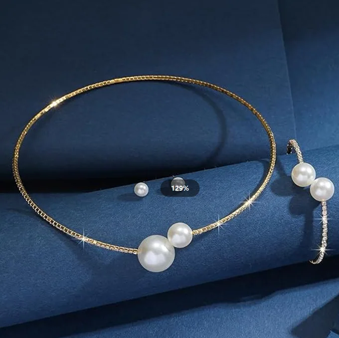 U Shape Rhinestone Choker Pearl Jewelry Set Open Cuff Bangle Stud Earrings Women Daily Accessories view 2