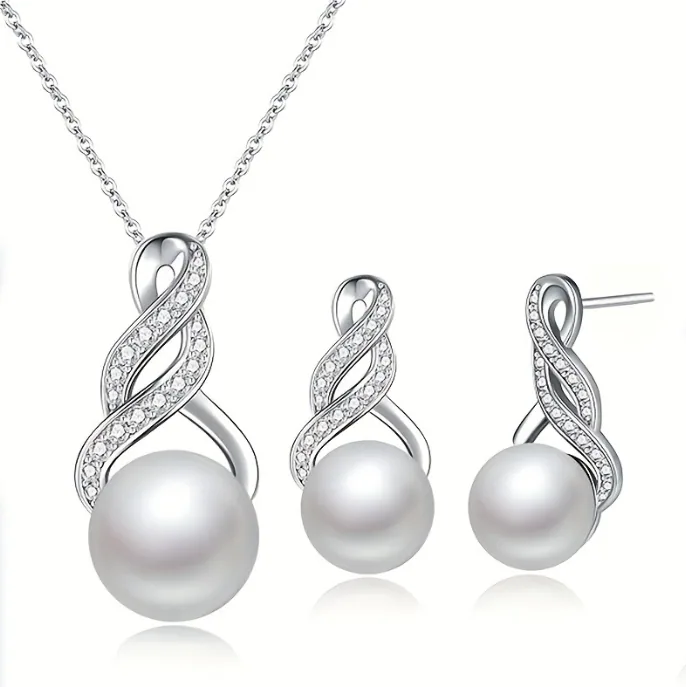 Twist Line Rhinestone Faux Pearl Jewelry Set Pendant Necklace Stud Earrings Elegant Women Daily Accessories