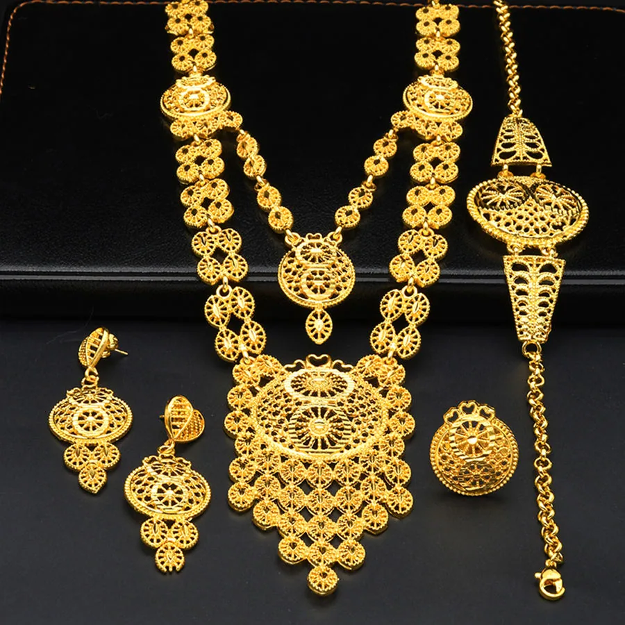 Luxury Designer Statement 24K Gold Plated Necklaces Earring Bracelet Ring for Women Ladies Dubai Wedding Bridal Jewelry Sets view 3