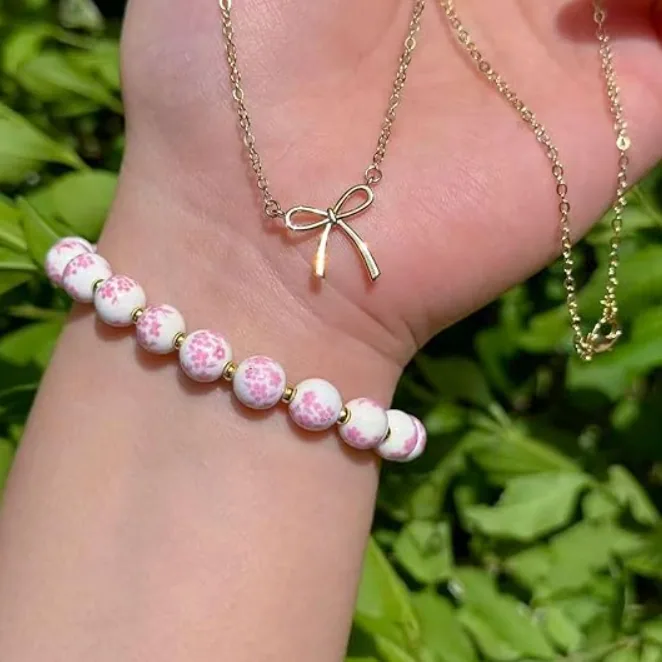 Handmade Stretch Ceramic Bead Bracelet Bow Gold Charm Necklace Set Chinese Vintage Pink Floral Porcelain Jewelry Friendship Gift For Best Friends Women Daily Wear Accessories view 2
