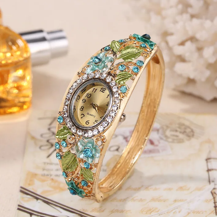 Alloy Vintage Palace Cloisonne Floral Enamel Quartz Pointer Watch 4PCS Jewelry Set Water Drop Green Crystal Pendant Necklace Stud Earrings Ring Elegant Antique Decor Women Jewelry Gift MOQ 6 Sets Temu Cross-border view 2