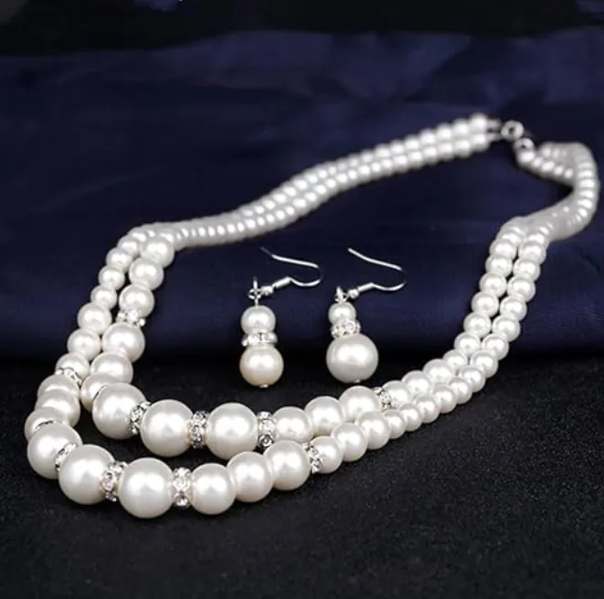 Double Layer Faux Pearl Jewelry Set Rhinestone Hook Drop Earrings Bridal Wedding Necklace for Women