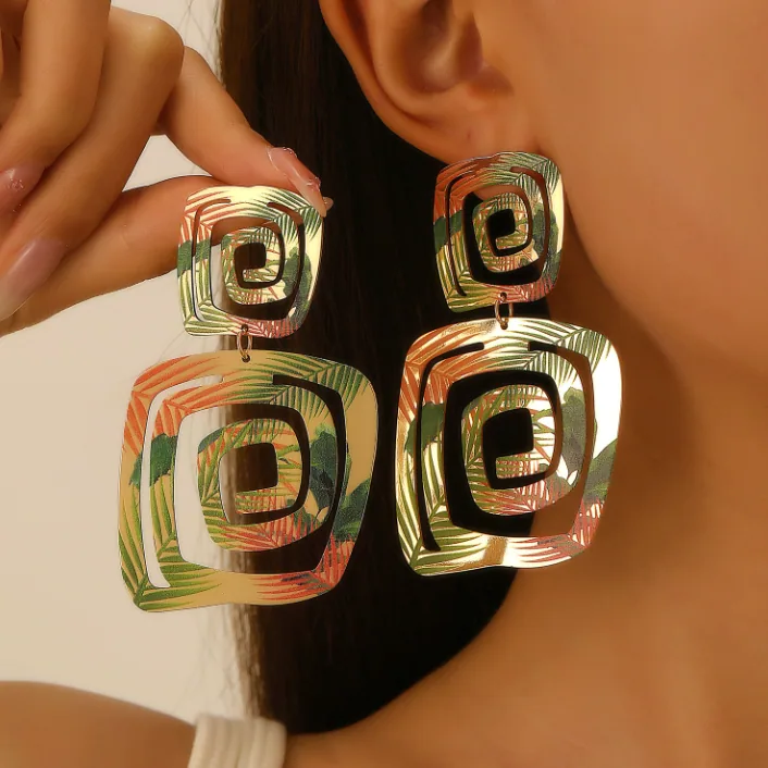 Vintage Ethnic Geometric Spiral Print Jewelry Set Square Pendant Necklace Drop Earrings Women MOQ 6 Sets view 3