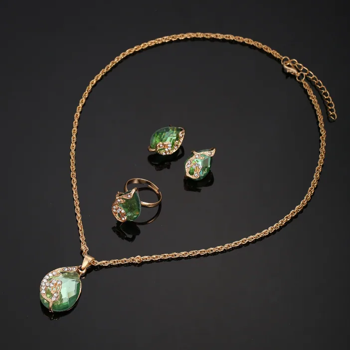 Alloy Vintage Palace Cloisonne Floral Enamel Quartz Pointer Watch 4PCS Jewelry Set Water Drop Green Crystal Pendant Necklace Stud Earrings Ring Elegant Antique Decor Women Jewelry Gift MOQ 6 Sets Temu Cross-border view 3