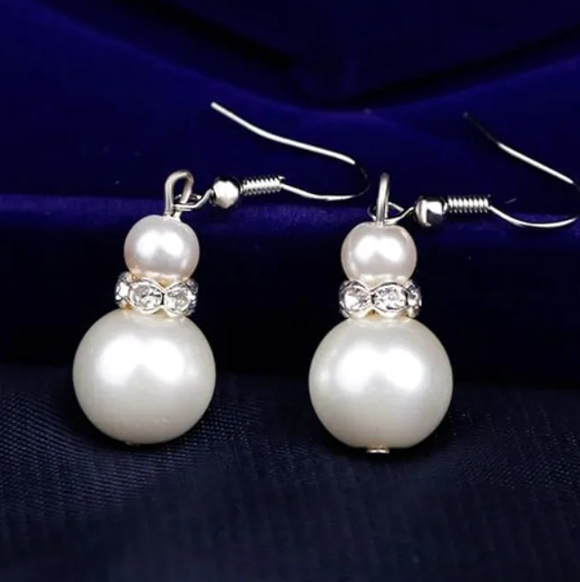 Double Layer Faux Pearl Jewelry Set Rhinestone Hook Drop Earrings Bridal Wedding Necklace for Women view 3