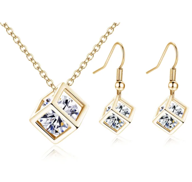 Copper Inlaid Clear Cubic Zirconia Geometric Cube 2PCS Jewelry Set O Chain Pendant Necklace Matching Fish Hook Drop Earrings Minimalist Classic Daily Dating Women Jewelry Gift MOQ 6 Sets Temu Cross-border
