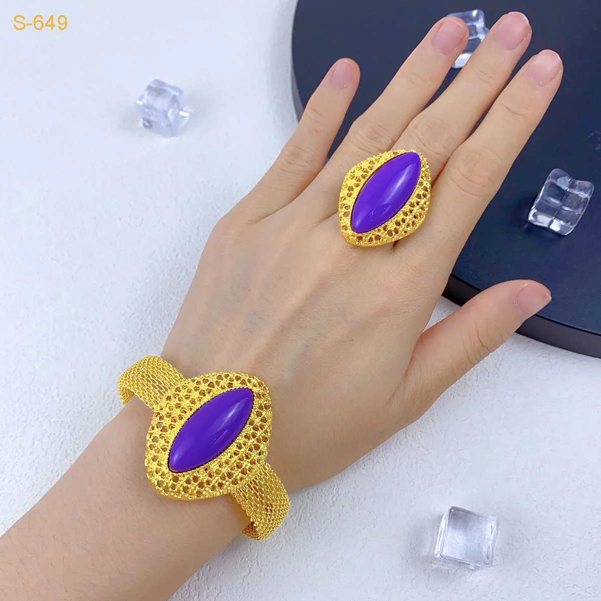 Luxury Gold Plated Purple Gemstones Necklaces for Women Set Earrings Ring Bracelet Elegant Wedding Party Fine Jewelry Rings view 2