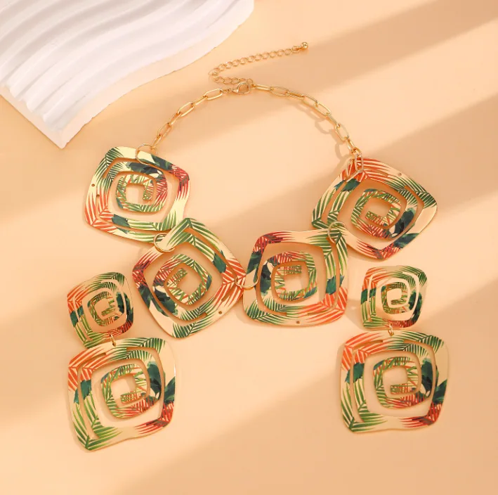 Vintage Ethnic Geometric Spiral Print Jewelry Set Square Pendant Necklace Drop Earrings Women MOQ 6 Sets