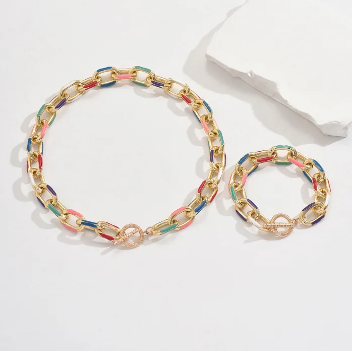 Wholesale OT Clasp Colorful Enamel Chunky Chain Jewelry Set Necklace Bracelet Hip Hop Women MOQ 6 Sets Bulk Supply