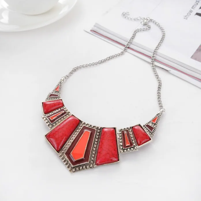 Bohemian Vintage Imitation Stone Enamel Bib Choker Necklace Drop Earrings Women MOQ 6 Sets view 3