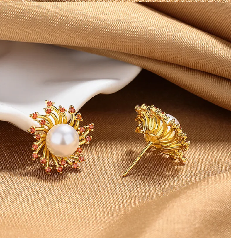 Vintage Fireworks Flower Micro Pave Imitation Pearl Jewelry Set Copper O Chain Pendant Necklace Stud Earrings Adjustable Open Ring Elegant Wedding Evening Party Jewelry Gift for Women view 2