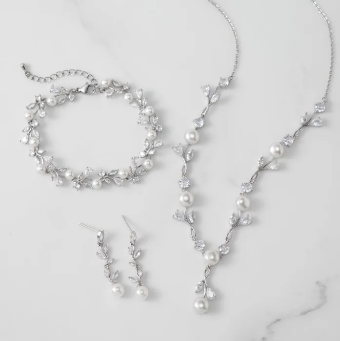 Leaf Vine Crystal Faux Pearl 3PCS Jewelry Set Necklace Earrings Bracelet Bridal Wedding Accessories view 2