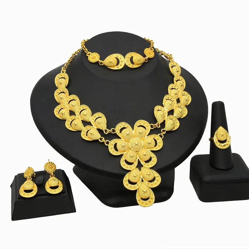 Custom Wholesale Dubai 24k Gold Plated Flower Luxury Necklace Wedding Fashion Jewelry Sets Accessories Necklaces for Women Set view 3