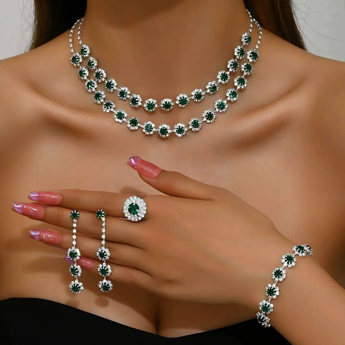 Custom Wholesale Jewelry Sets Silver Plated Flower Drops Diamond Copper Luxury Bracelet Ring Earrings Necklace for Women Set view 3