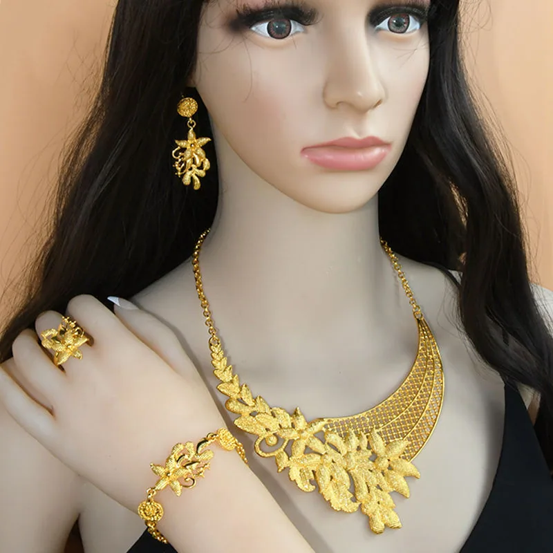 Wholesale Dubai Necklaces for Women Set Luxury 24K Gold Plated Necklace Bracelet Earrings Ring Fashion Wedding Jewelry view 2